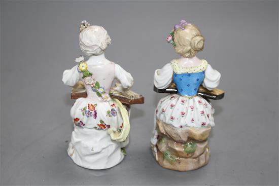 An 18th century Meissen figure of a girl playing a zither and a 19th century Meissen figure of a girl playing a zither, 12cm and 12.4cm